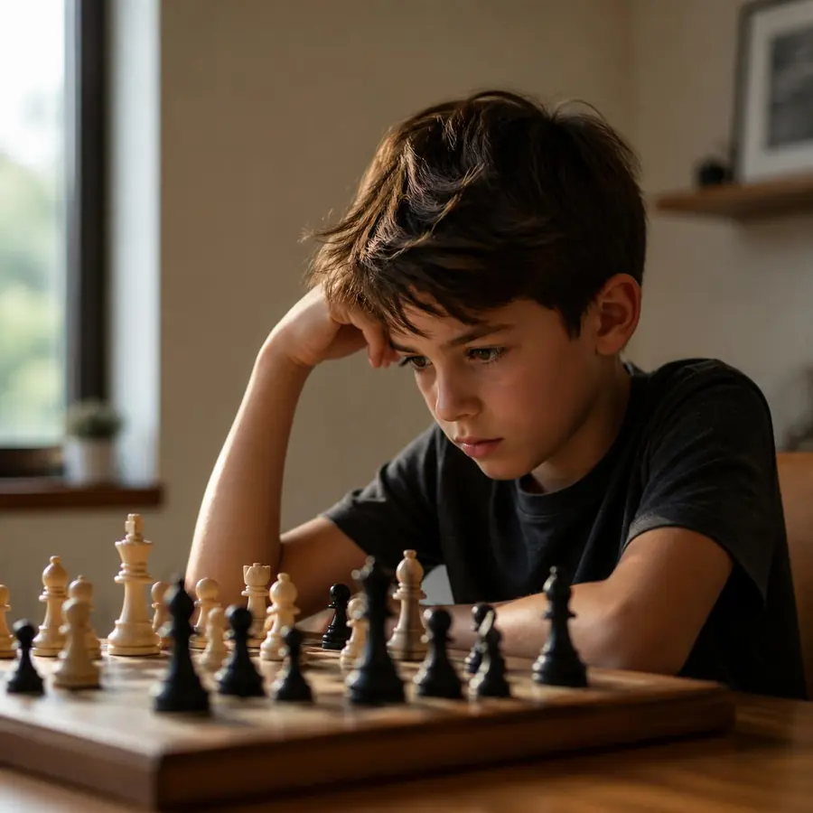 A young child concentrating on a chess board during a lesson